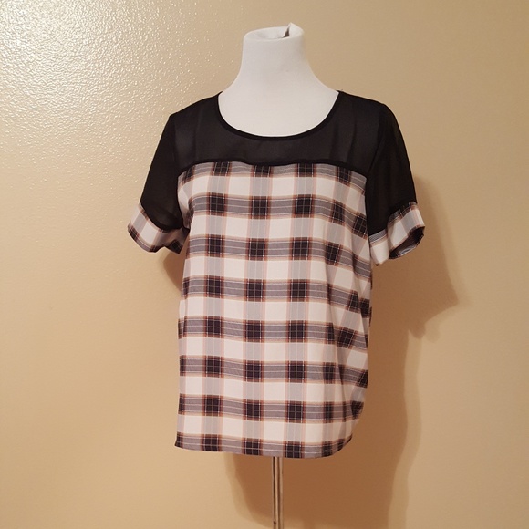 iris Tops - [ Iris ] Plaid sheer shoulder  blouse